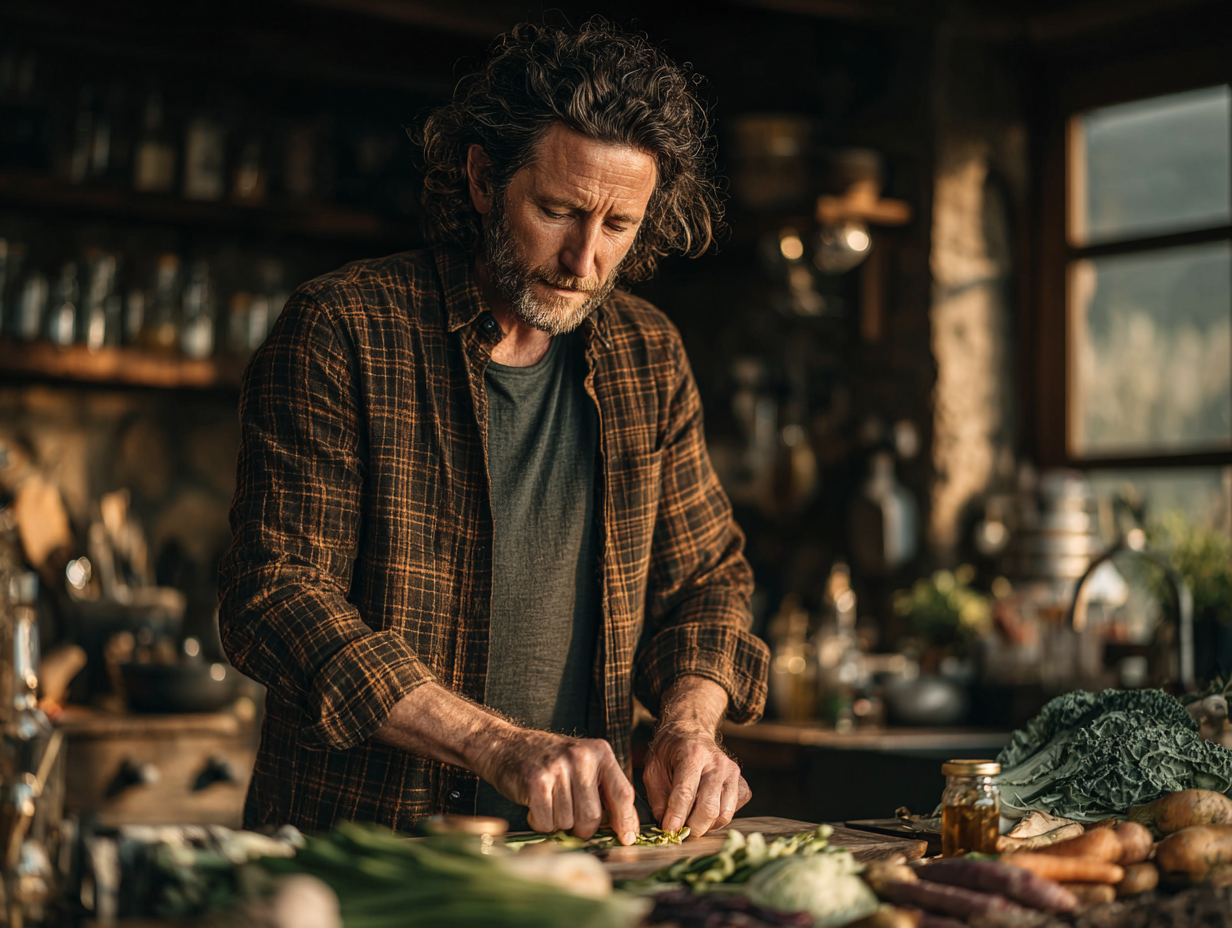 Bărbat de vârstă mijlocie antrenându-se în natură